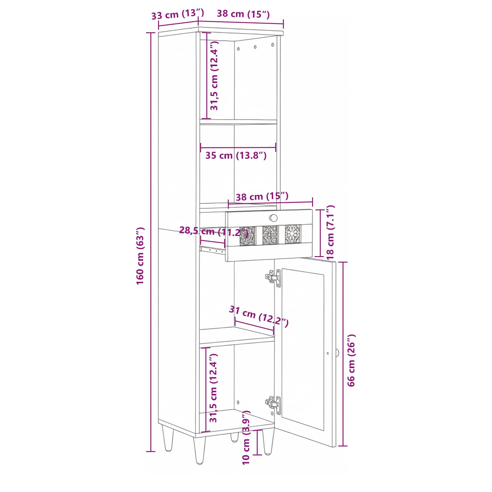 vidaXL Badkamerkast met lade met plank Walnotenhout 38 x 33,5 x 160 cm
