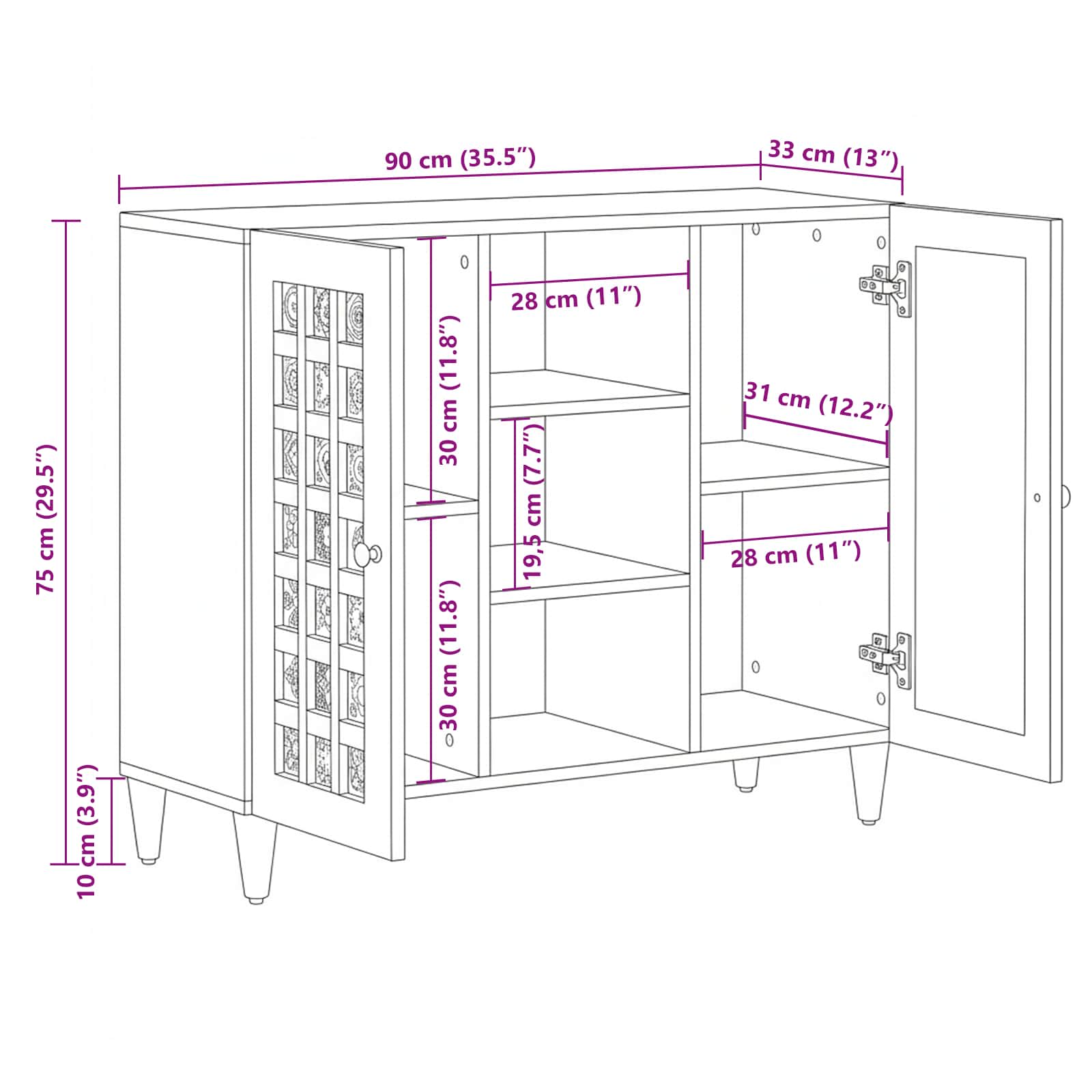 vidaXL Dressoir Walnotenhout 90 x 33,5 x 75 cm Massief Mango Hout