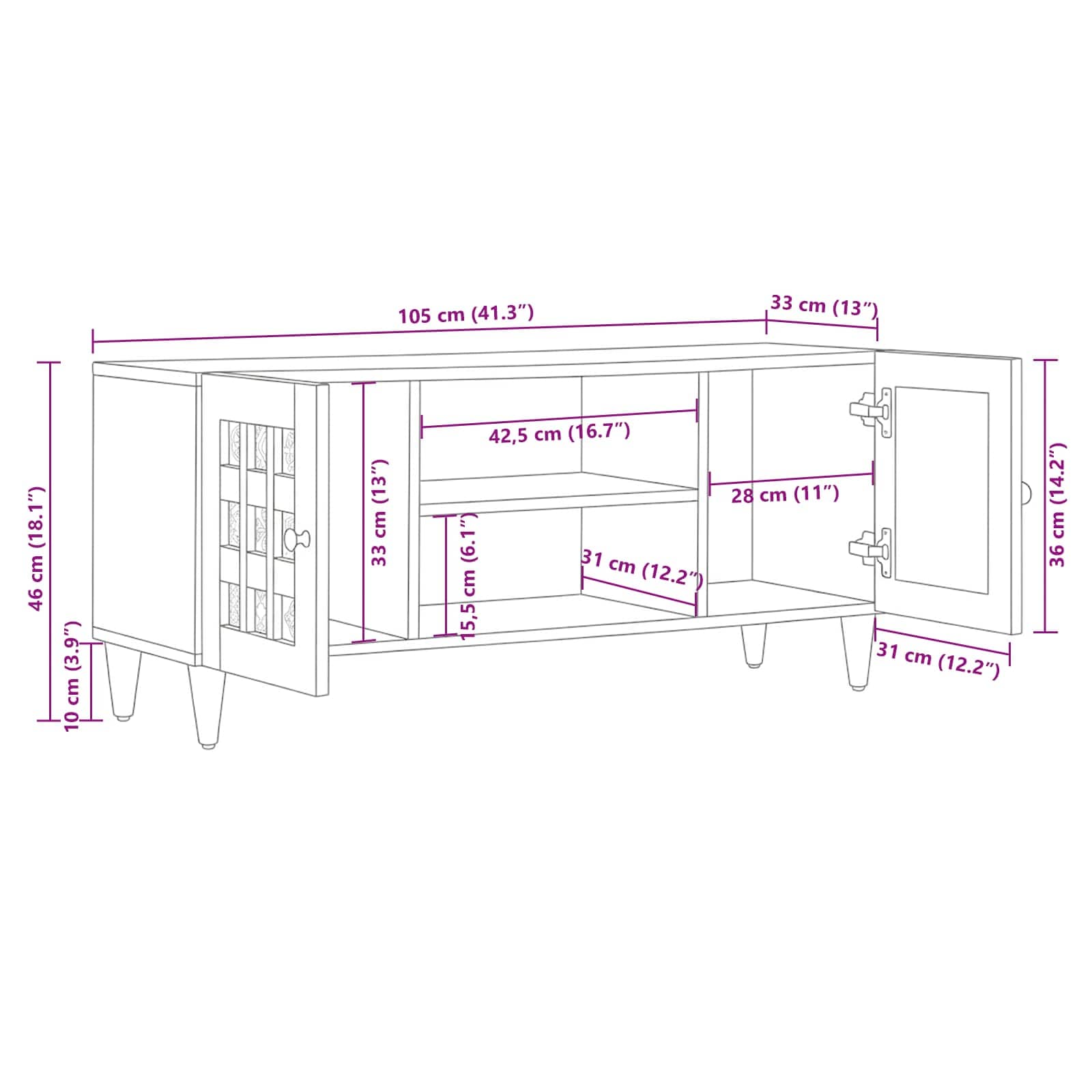 vidaXL TV-kast Walnotenhout 105 x 33,5 x 46 cm Massief Mango Hout