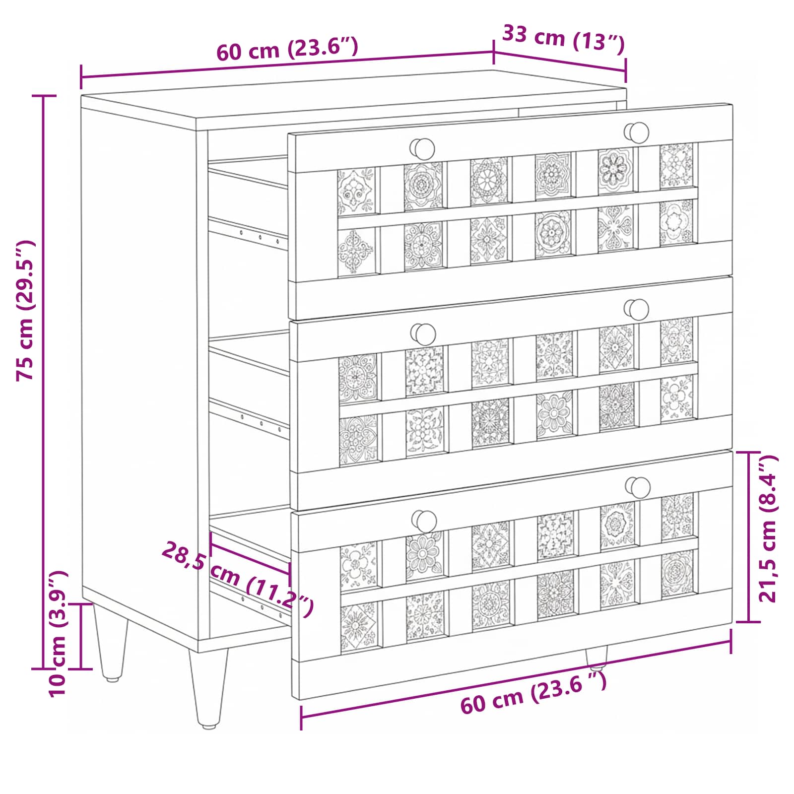vidaXL Dressoir Walnotenhout 60 x 33,5 x 75 cm Massief Mango Hout