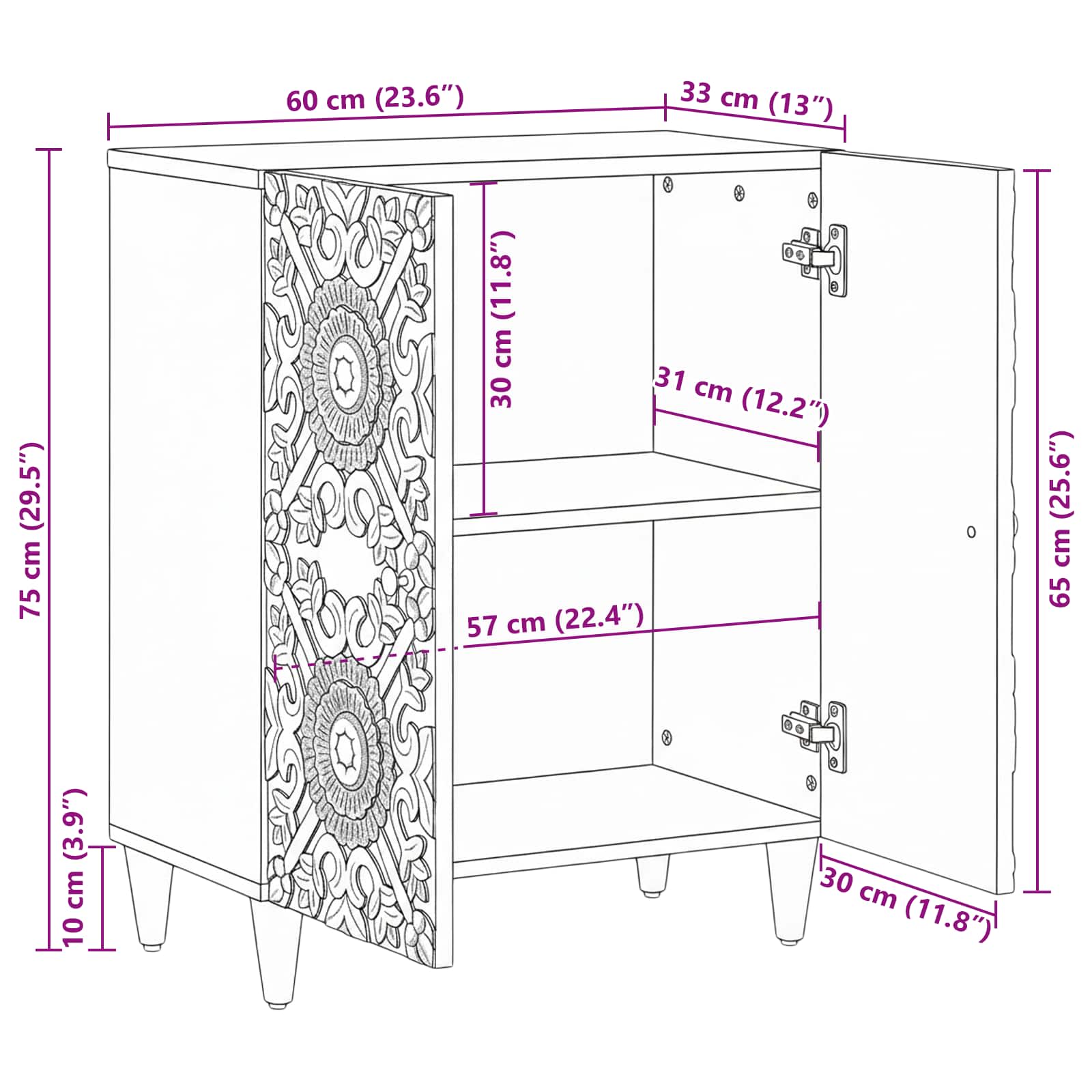 vidaXL Opslag Dressoir Wit 60 x 33,5 x 75 cm Massief Mango Hout