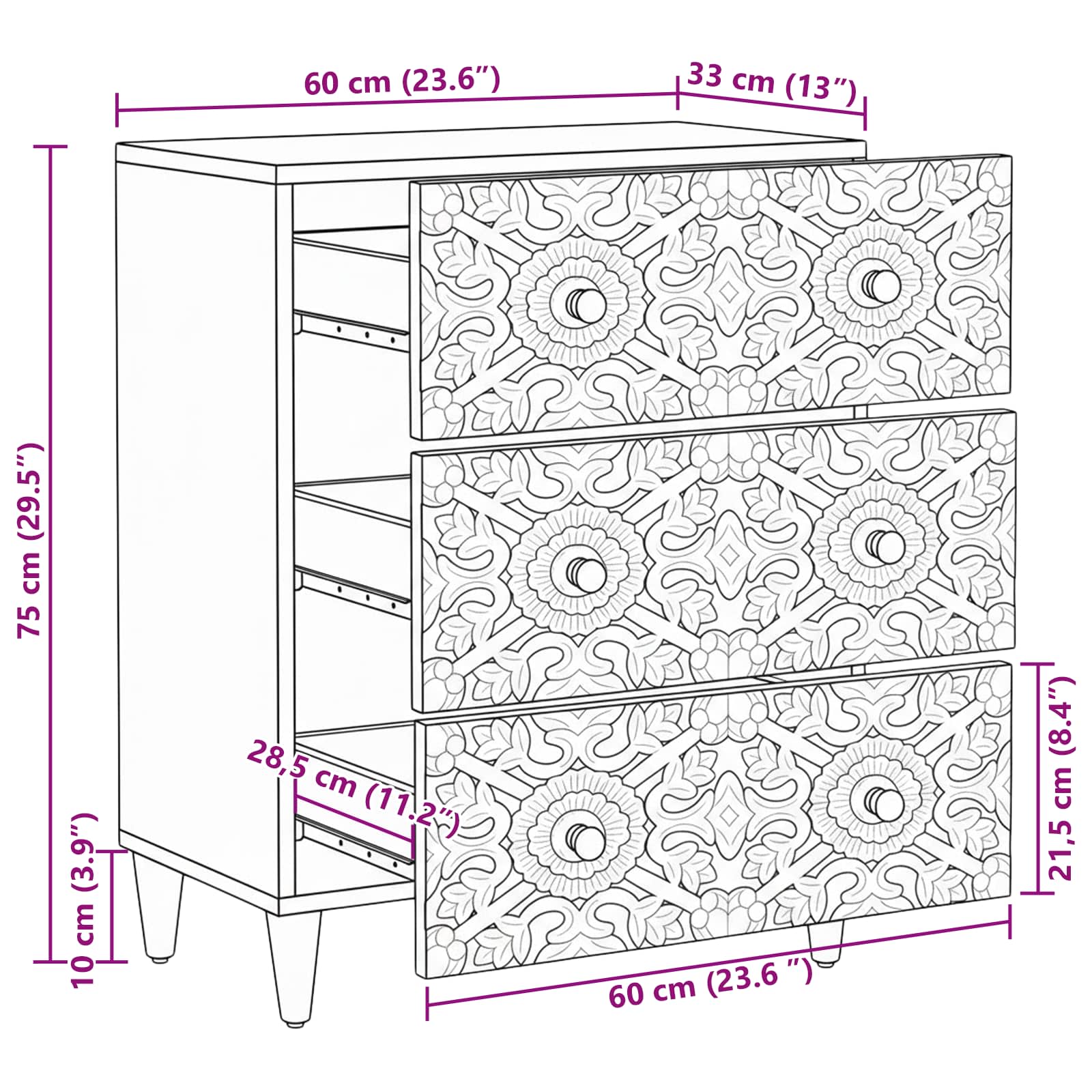 vidaXL Opslag Dressoir Wit 60 x 33,5 x 75 cm Massief Mango Hout