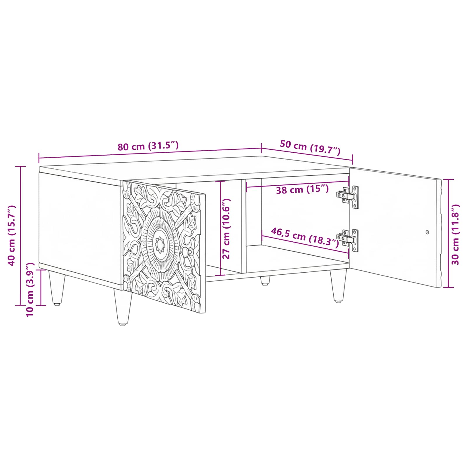 vidaXL Salontafel Wit 80 x 50 x 40 cm Massief Mango Hout