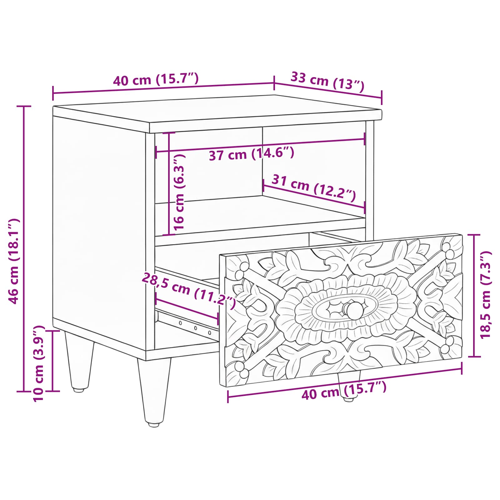 vidaXL Bed kast met lade Wit 40 x 33 x 46 cm Massief Mango Hout