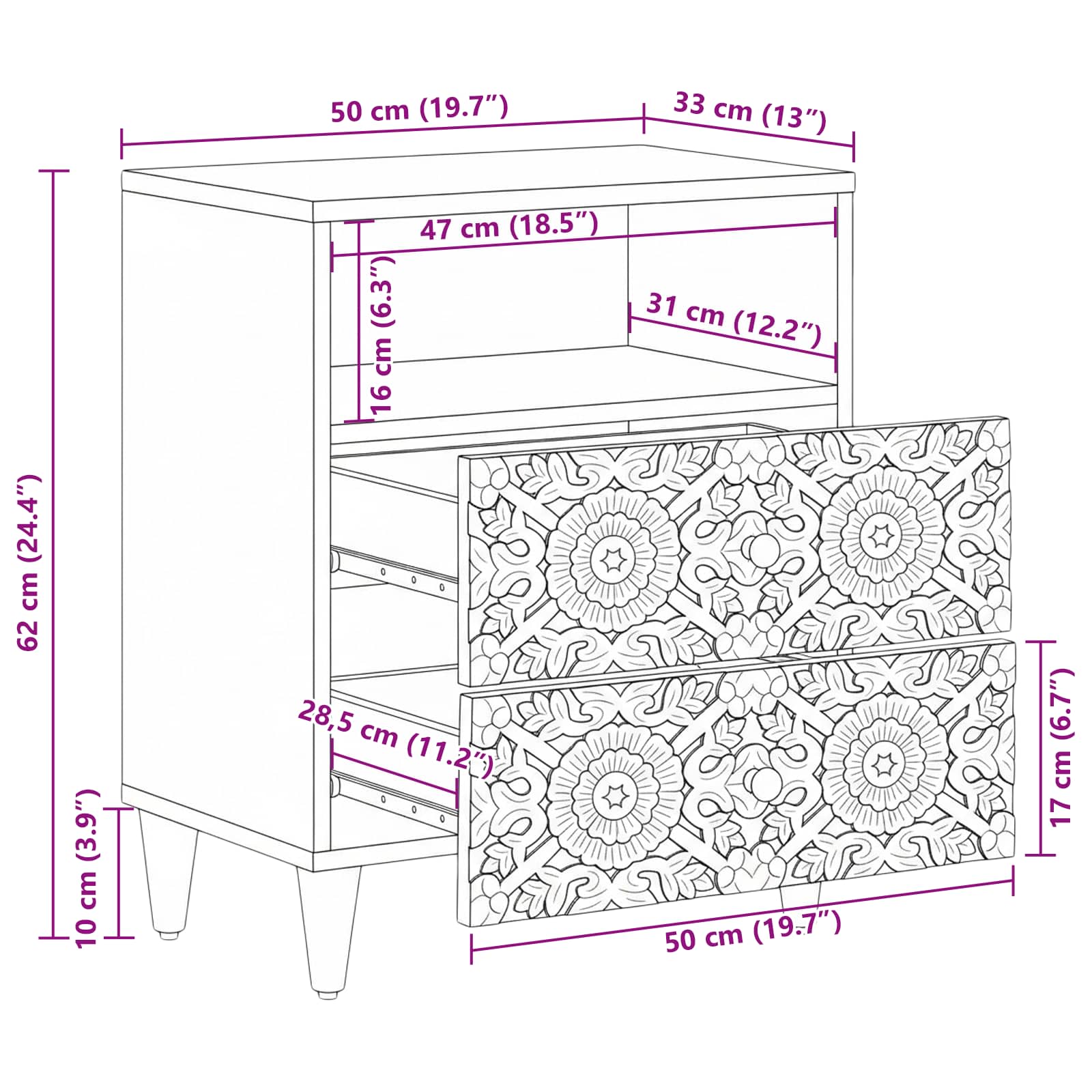 vidaXL Bed kast met lade Wit 50 x 33 x 60 cm Massief Mango Hout