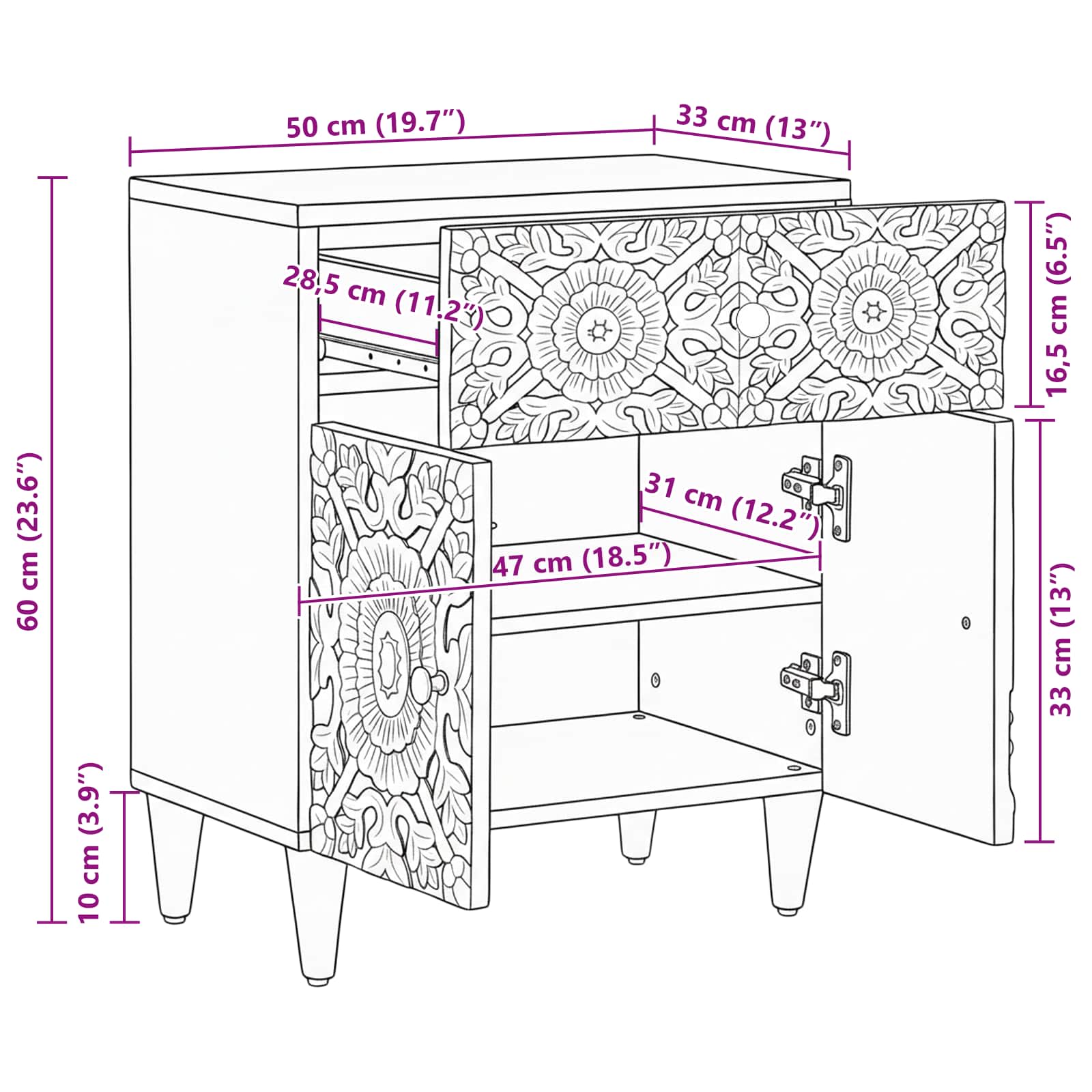 vidaXL Bed kast met lade Wit 50 x 33 x 60 cm Massief Mango Hout