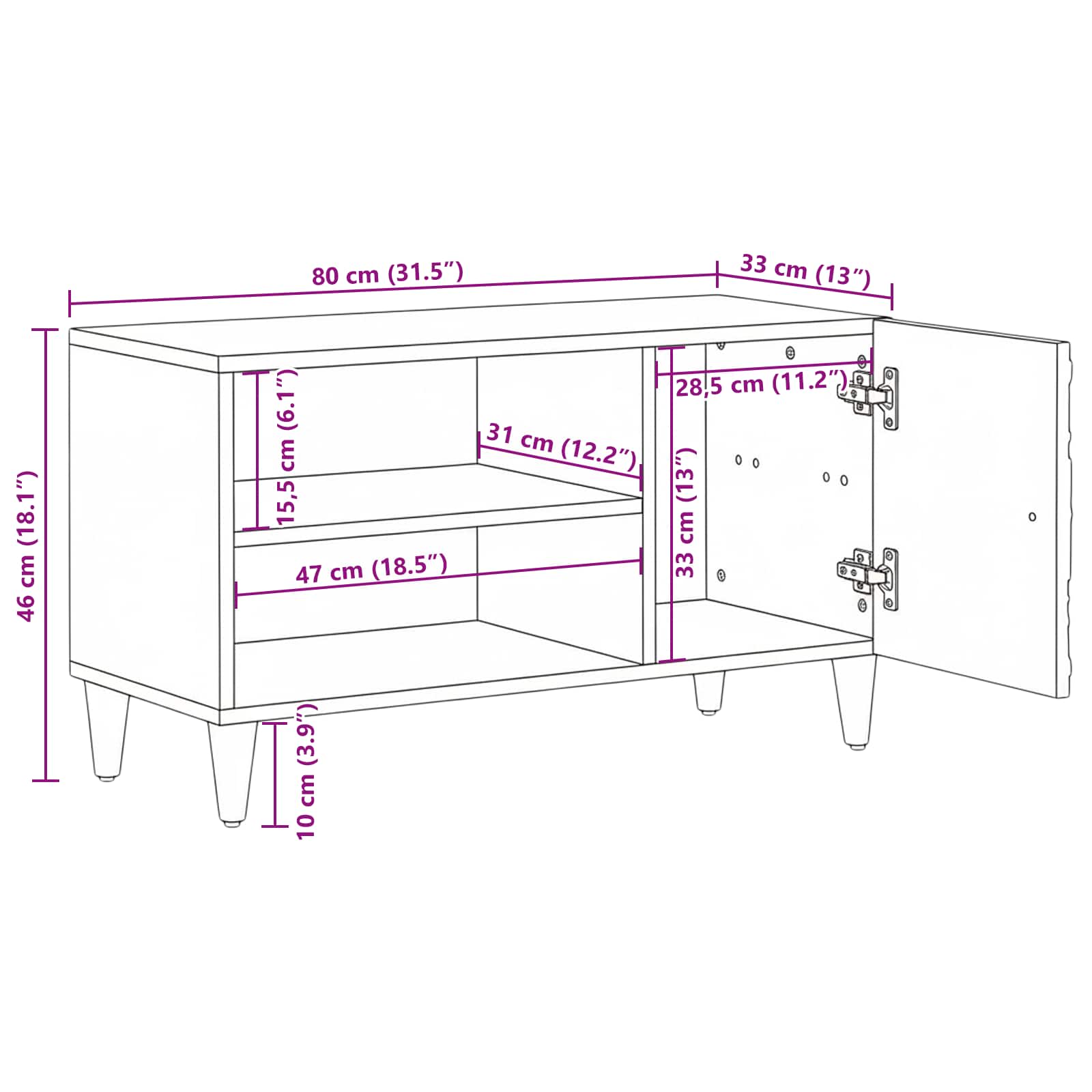 vidaXL TV-kast met opslag Wit 80 x 31,5 x 46 cm Massief Mango Hout