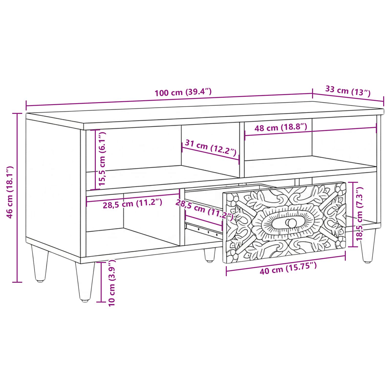 vidaXL TV-kast met lade Wit 100 x 33,5 x 46 cm Massief Mango Hout