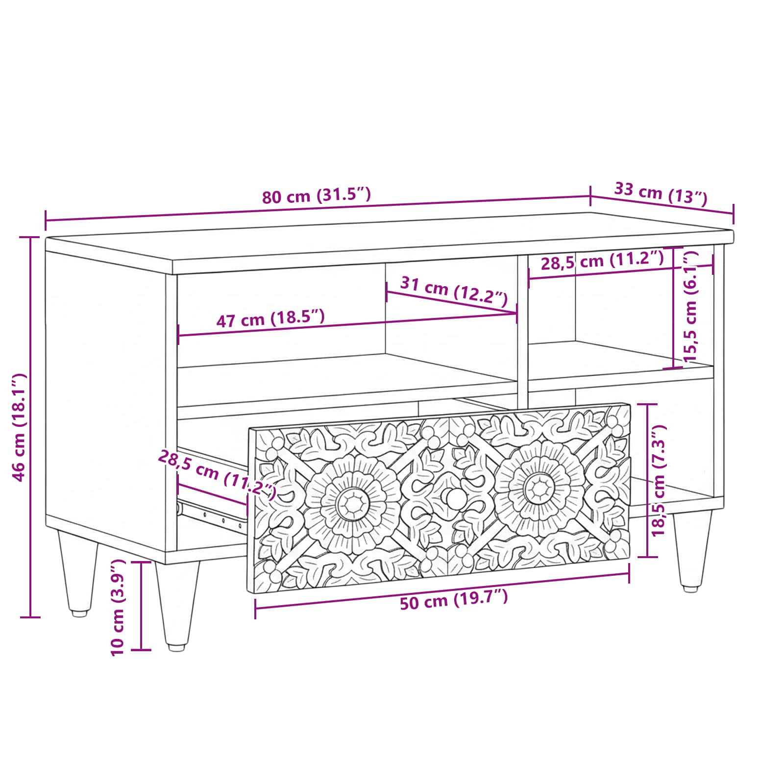vidaXL TV-kast met lade Wit 80 x 33,5 x 46 cm Massief Mango Hout