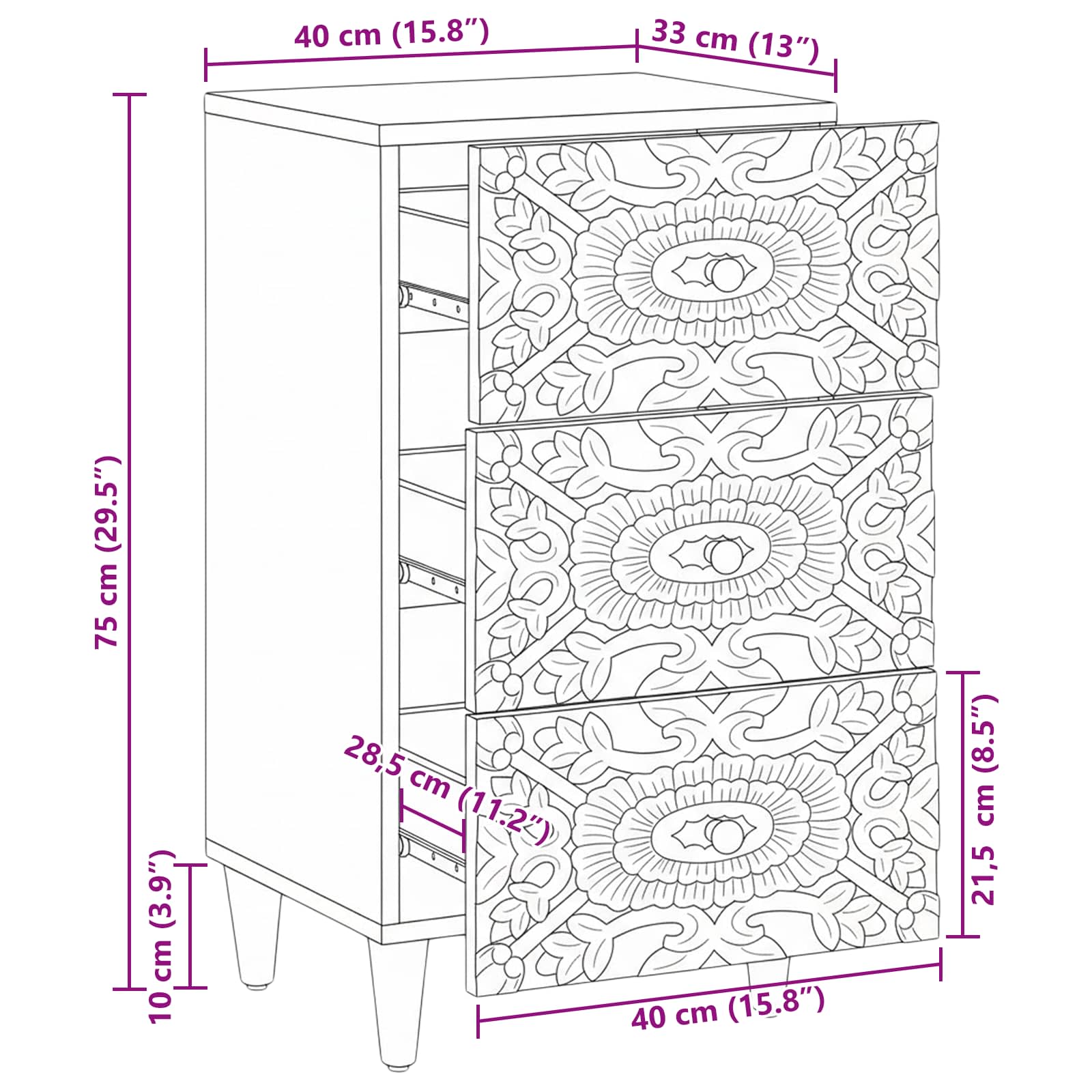 vidaXL Dressoir met lade Wit 40 x 33,5 x 75 cm Massief Mango Hout