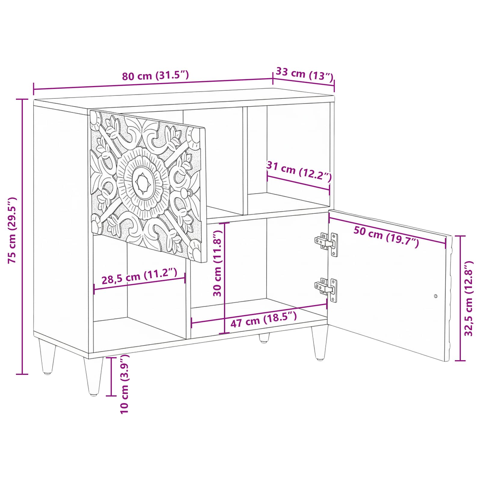 vidaXL Dressoir met opslag Wit 80 x 33,5 x 75 cm Massief Mango Hout
