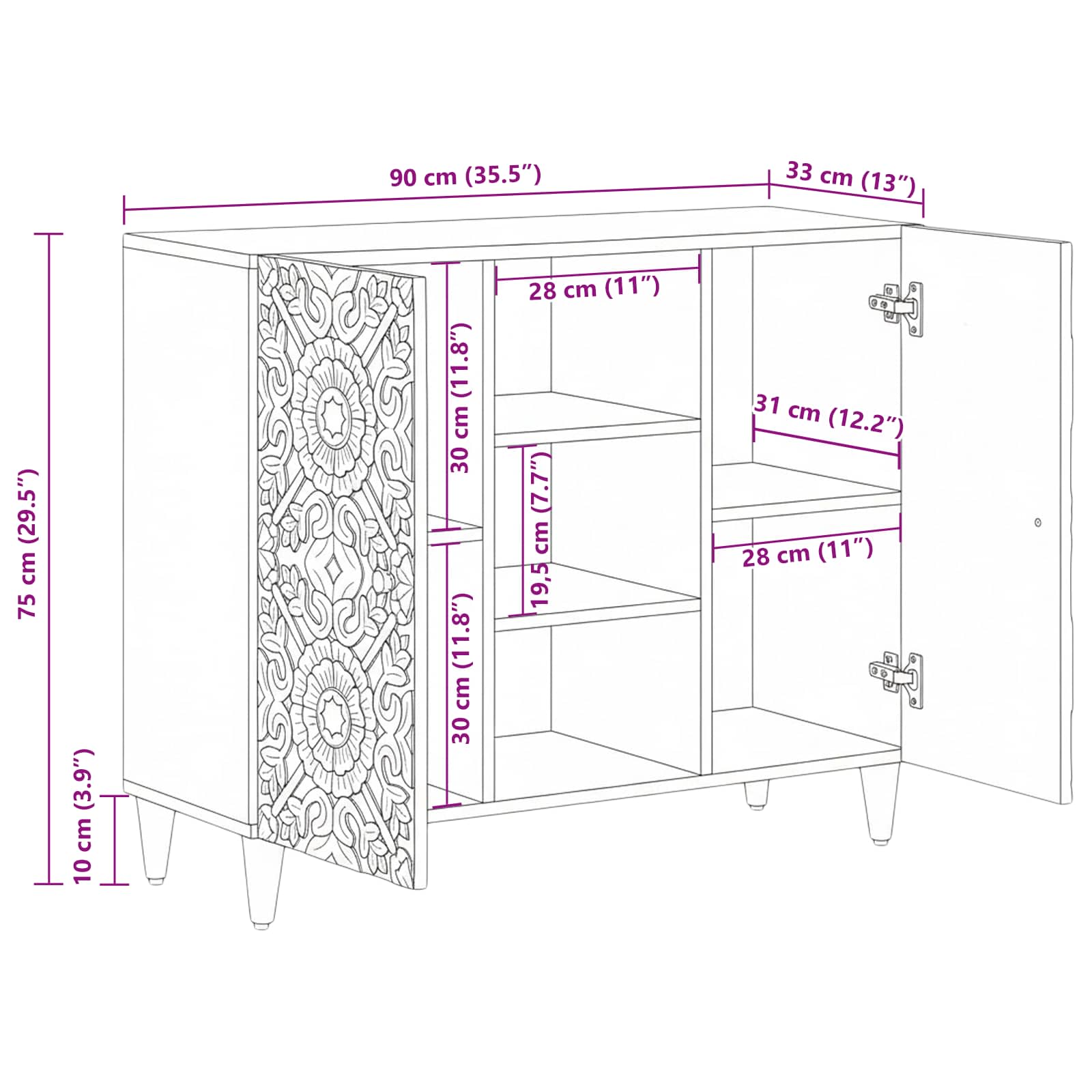 vidaXL Dressoir met plank Wit 90 x 33,5 x 75 cm Massief Mango Hout