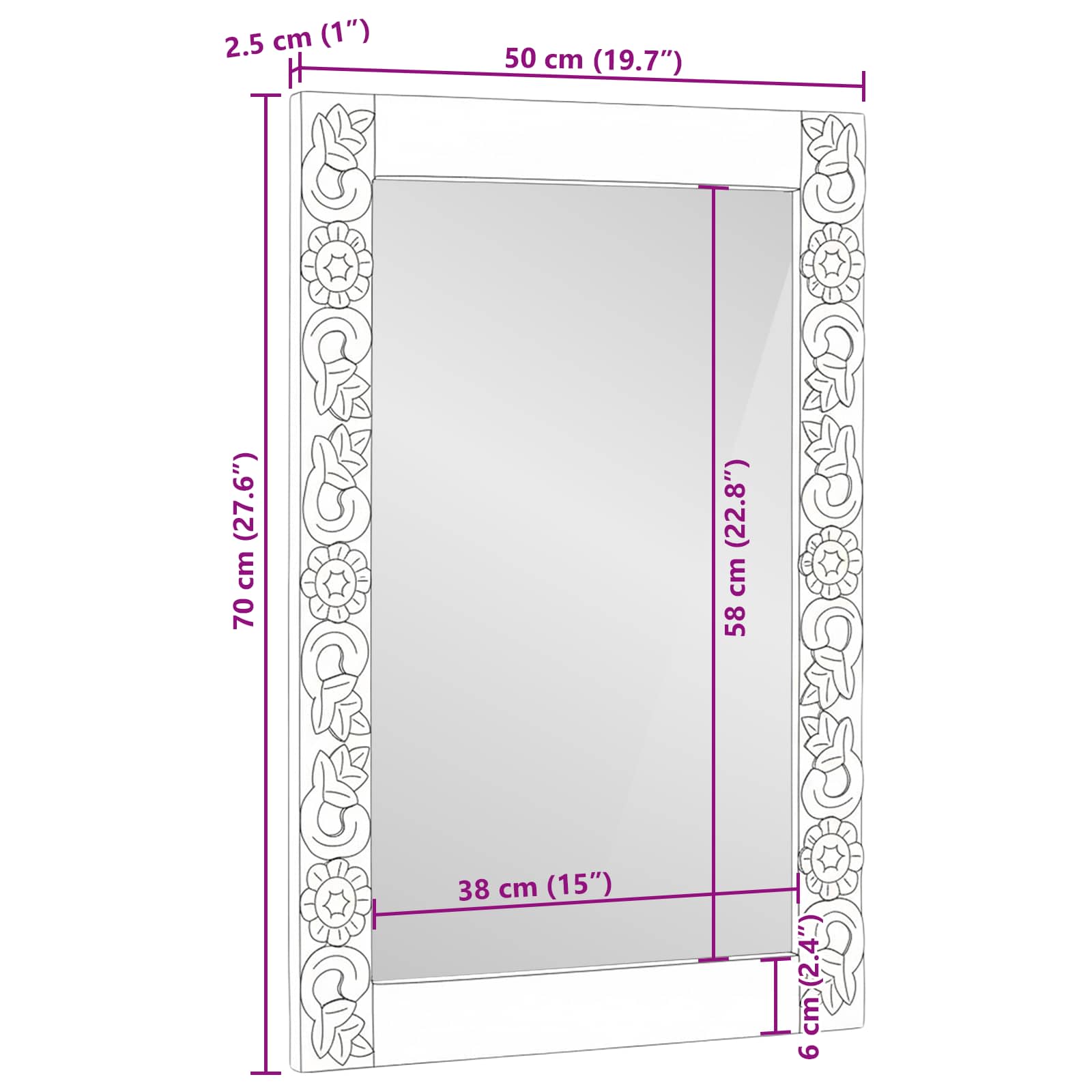 vidaXL Badkamer Spiegel Wit 50 x 70 x 3 cm Massief Mango Hout