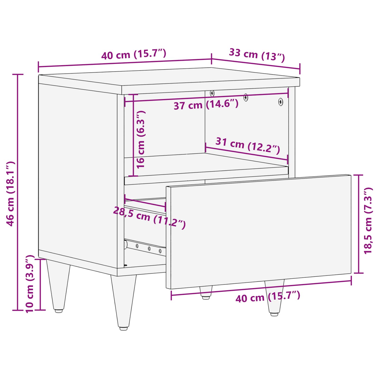 vidaXL Nachtkastje met lade Bruin 40 x 33 x 46 cm Massief Mango Hout