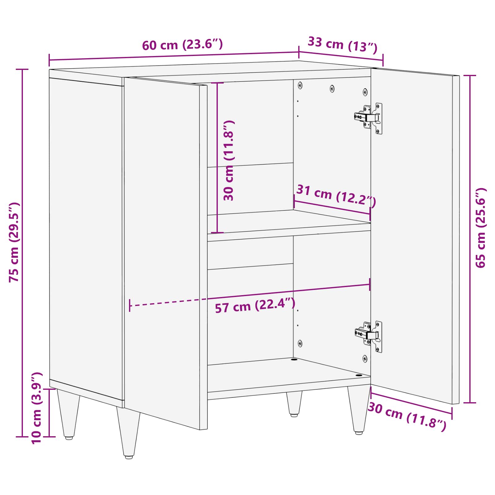 vidaXL Dressoir 60x33x75 cm Massief Mango Hout