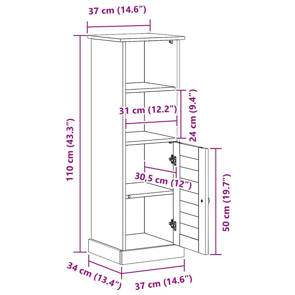 vidaXL Badkamer Kast Honingbruin 37 x 34 x 110 cm Massief grenenhout