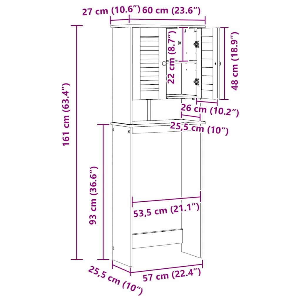 vidaXL Toiletkast Honingbruin 60 x 27 x 161 cm Massief grenenhout