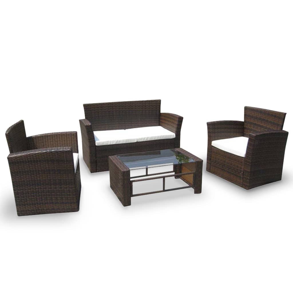 vidaXL 4-delige Loungeset met kussens poly rattan bruin