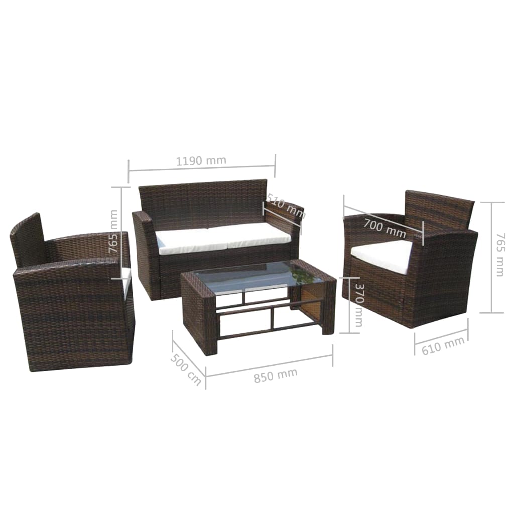 vidaXL 4-delige Loungeset met kussens poly rattan bruin