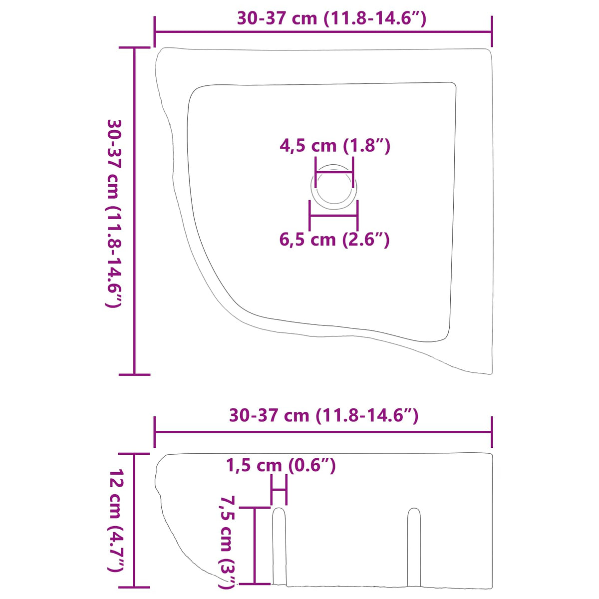 vidaXL Wand Gemonteerde Hoekkom Grijs (30-37) x (30-37) x 12 cm
