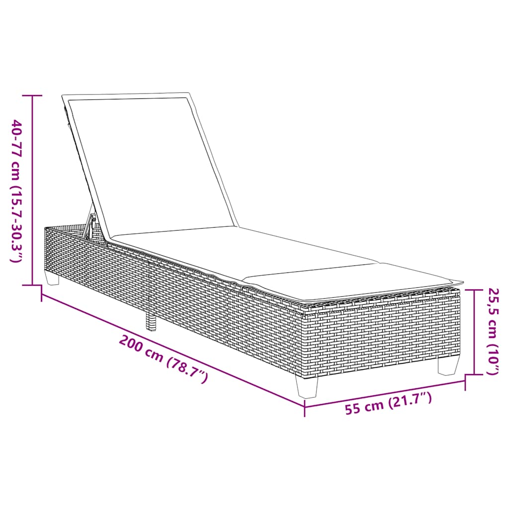 vidaXL Ligstoel met kussens zwart 55x200x25,5cm polyrotan