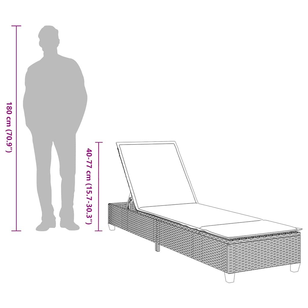 vidaXL Ligstoel met kussens zwart 55x200x25,5cm polyrotan