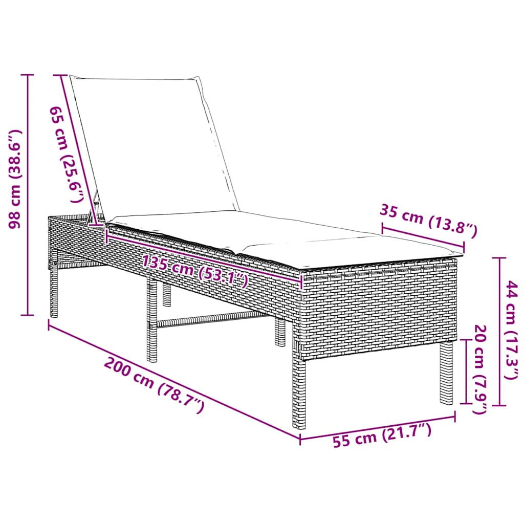 vidaXL Ligstoel met kussen zwart 55x200x44cm polyrotan