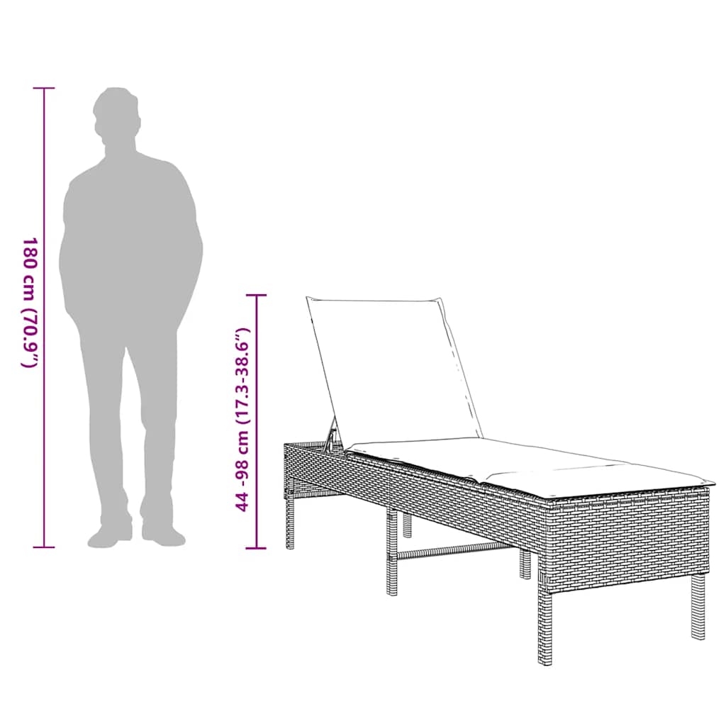 vidaXL Ligstoel met kussen zwart 55x200x44cm polyrotan