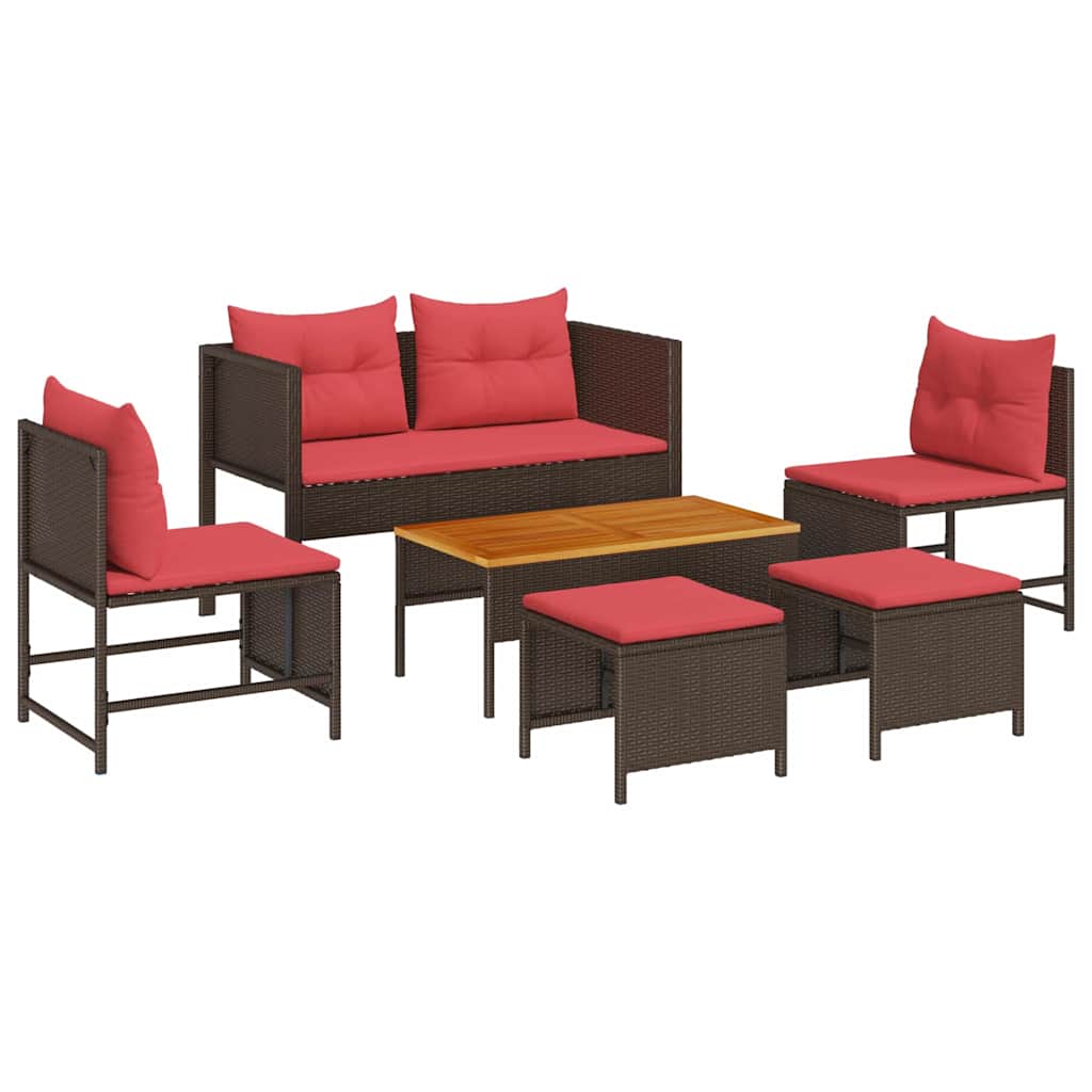 vidaXL Tuinbankenset met kussen 6 pcs Bruin en Rood poly rattan
