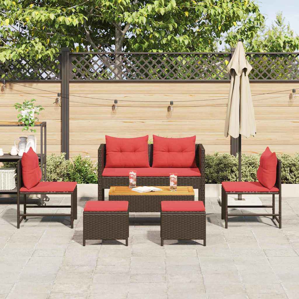 vidaXL Tuinbankenset met kussen 6 pcs Bruin en Rood poly rattan