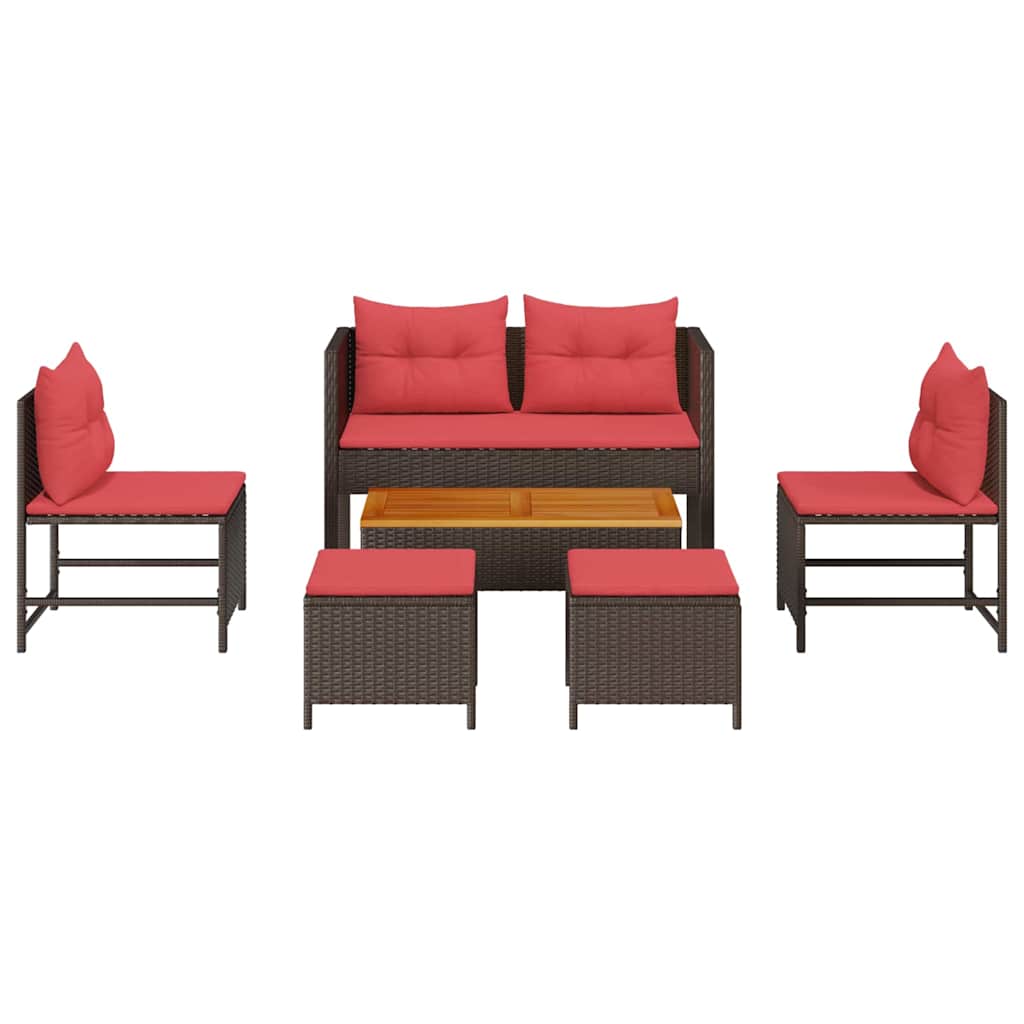 vidaXL Tuinbankenset met kussen 6 pcs Bruin en Rood poly rattan