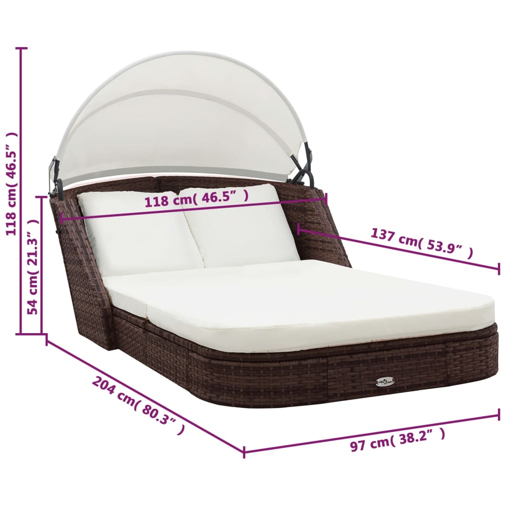 vidaXL Ligbed met luifel poly rattan bruin