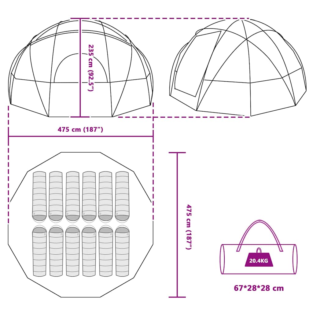 vidaXL Camping Tent met dak Groen 475 x 475 x 235 cm Polyester
