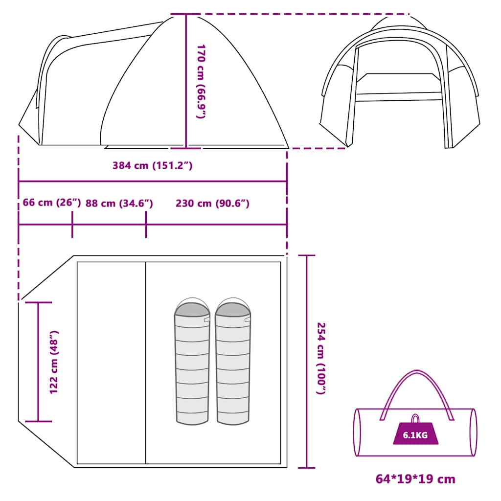 vidaXL Koepeltent met dak met opslag Groen 384 x 254 x 170 cm