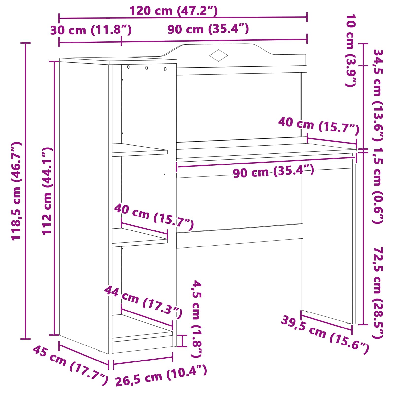vidaXL Schoolbord bureau Wit 120 x 45 x 118.5 cm Bewerkt hout