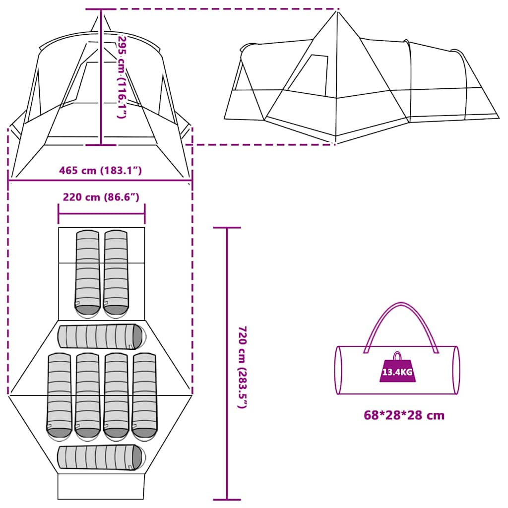 vidaXL Teepee Tent met dak met opslag Groen 720 x 465 x 295 cm