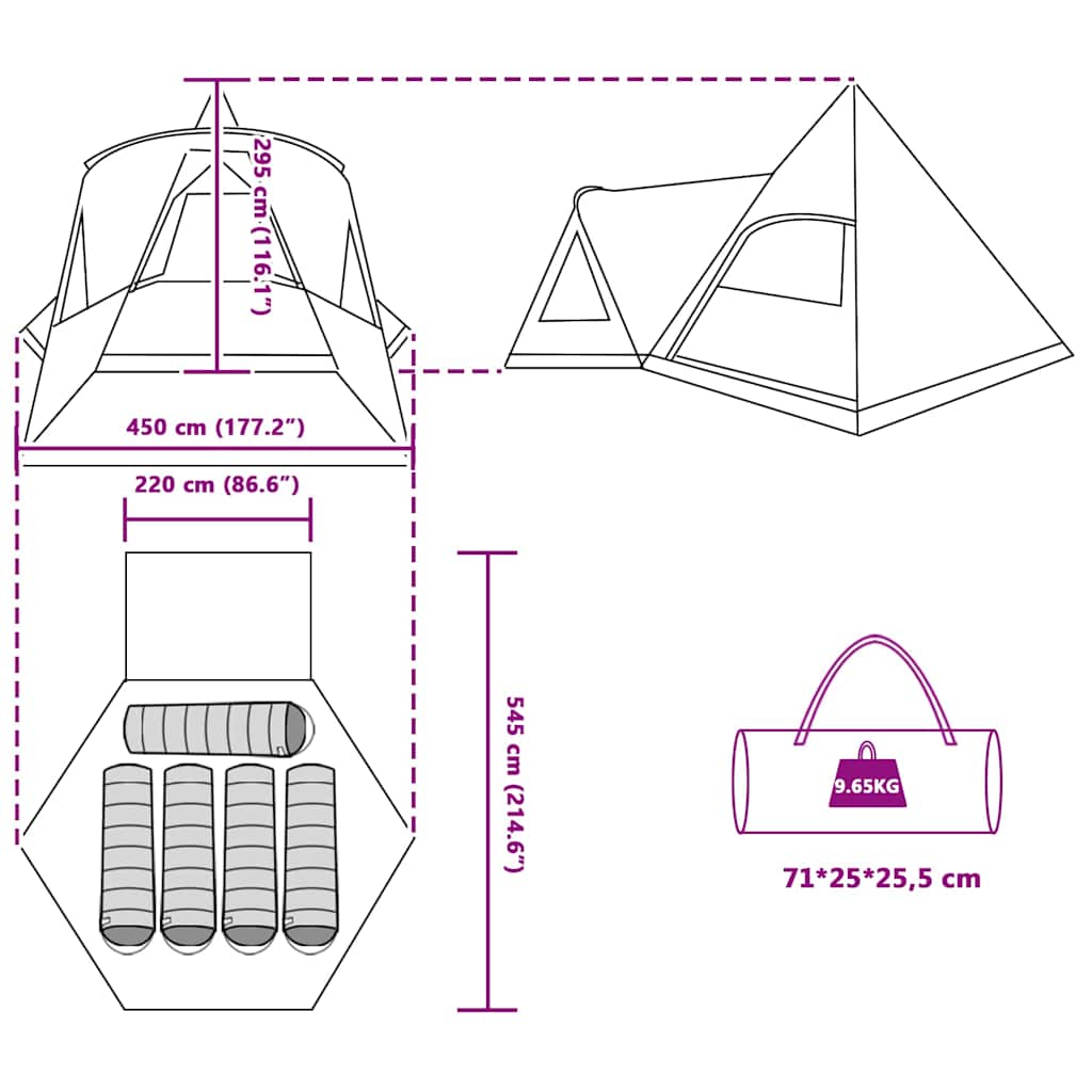 vidaXL Teepee Tent met dak met opslag Groen 545 x 450 x 295 cm
