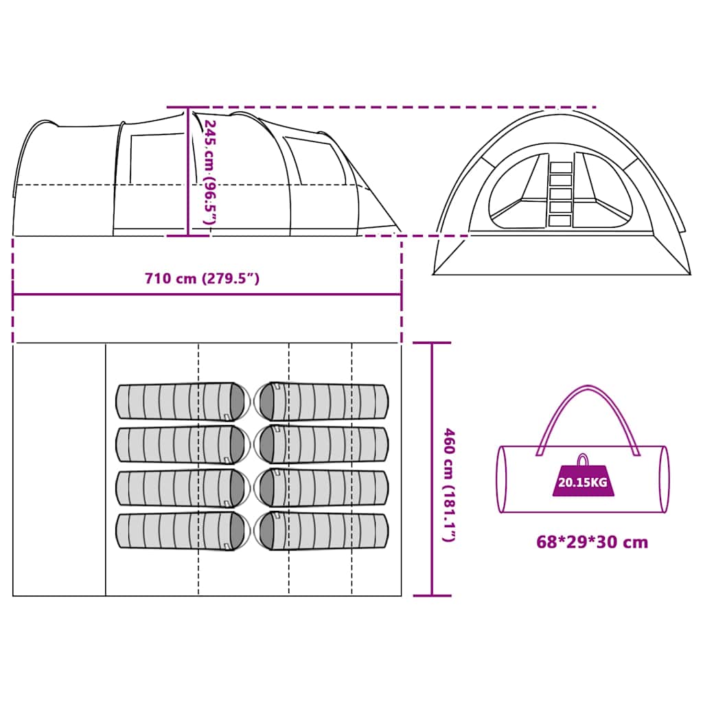 vidaXL Tunneltent met dak met opslag Groen 710 x 460 x 245 cm