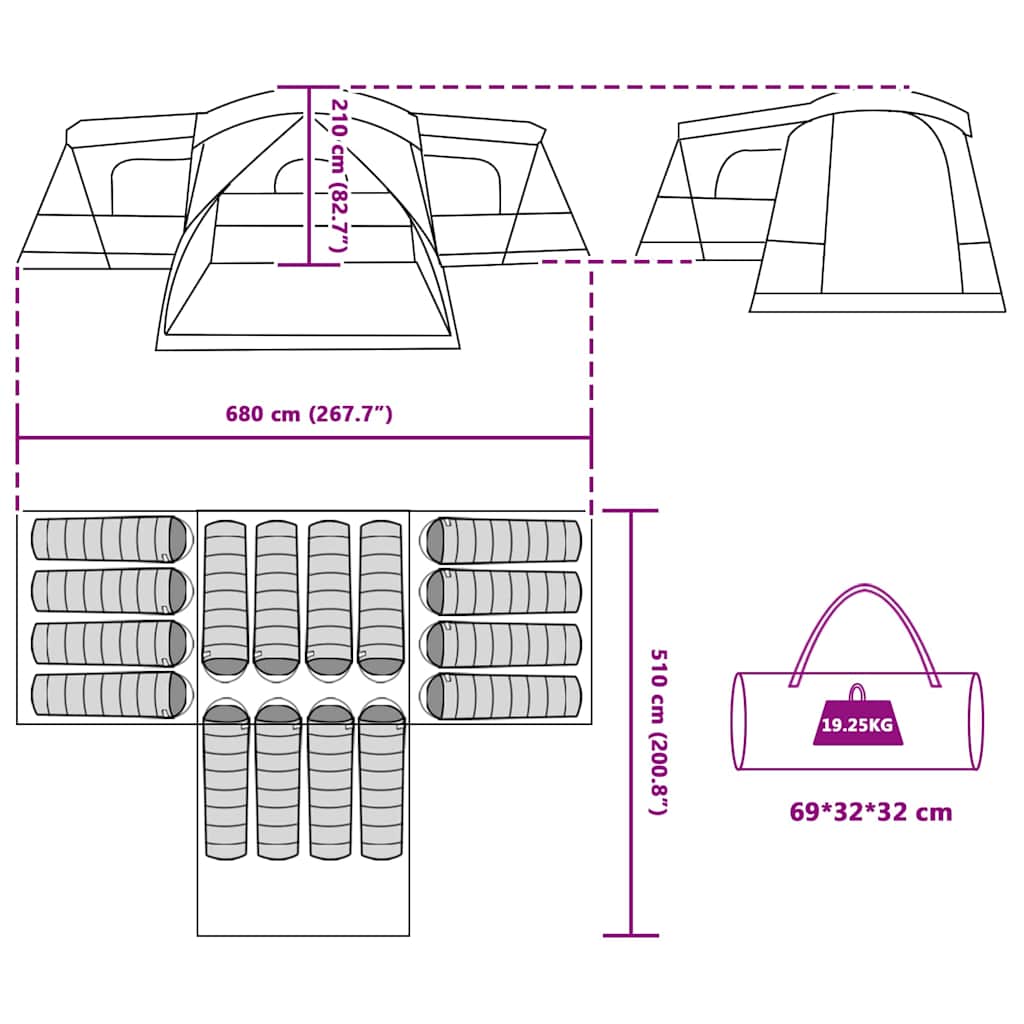 vidaXL Tent Groen 680 x 510 x 210 cm 185T Polyester met PU Coating