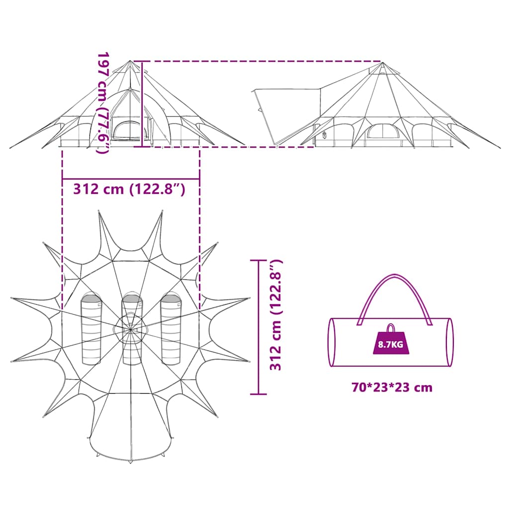vidaXL Teepee Tent met dak Groen en Grijs 600 x 600 x 347 cm