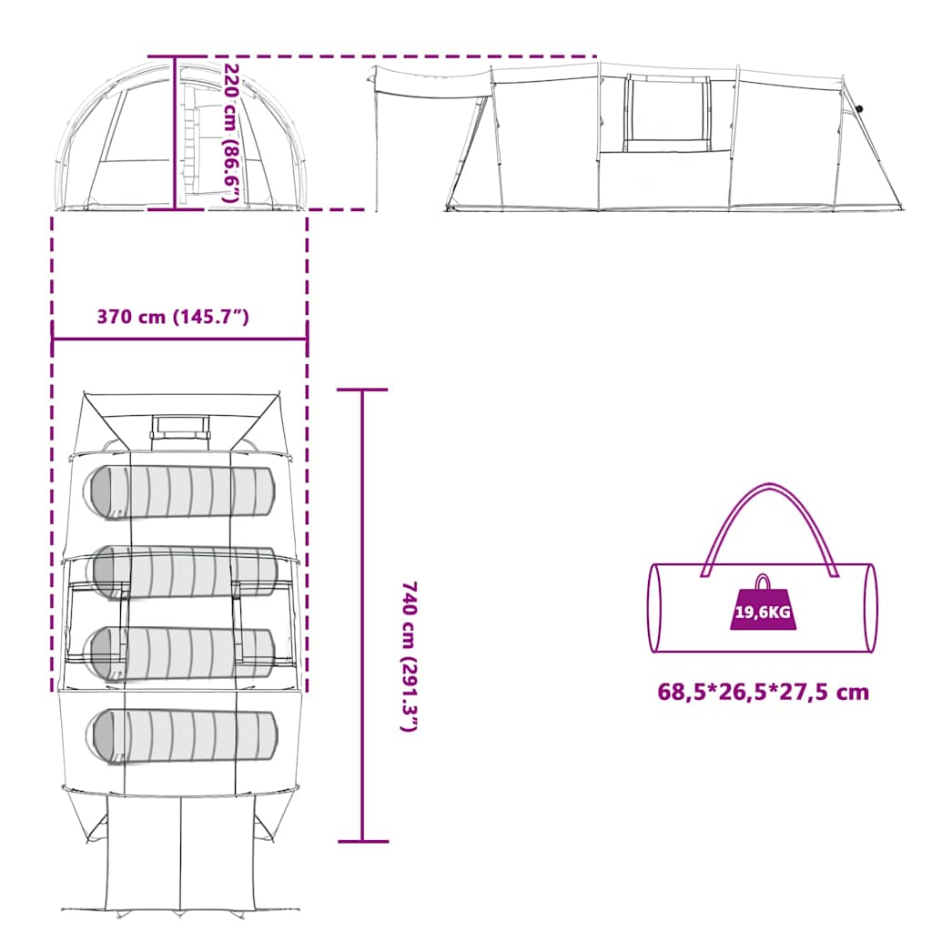 vidaXL Tunneltent met dak met opslag Groen en Wit 740 x 370 x 220 cm