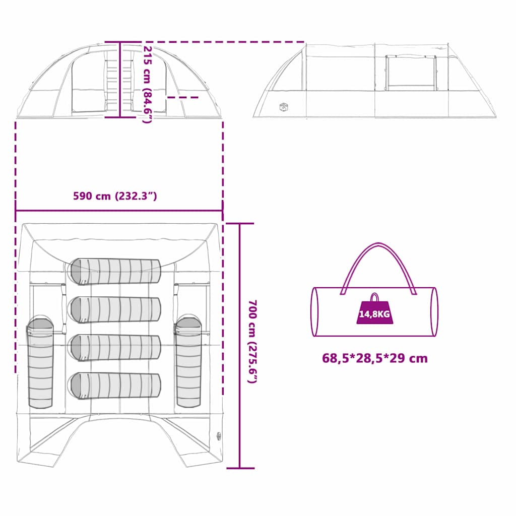 vidaXL Tunneltent met dak met opslag Groen en Wit 700 x 590 x 215 cm