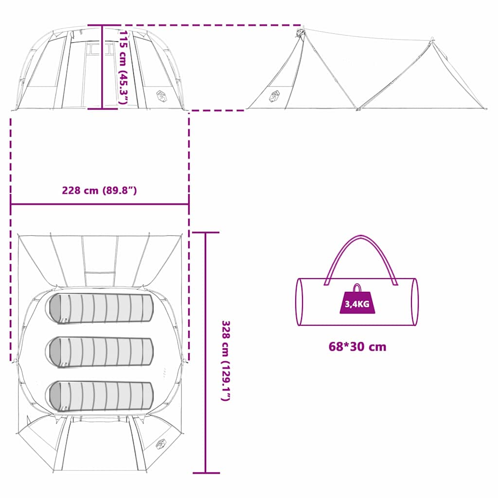 vidaXL Tunneltent met dak met opslag Groen en Wit 328 x 228 x 115 cm