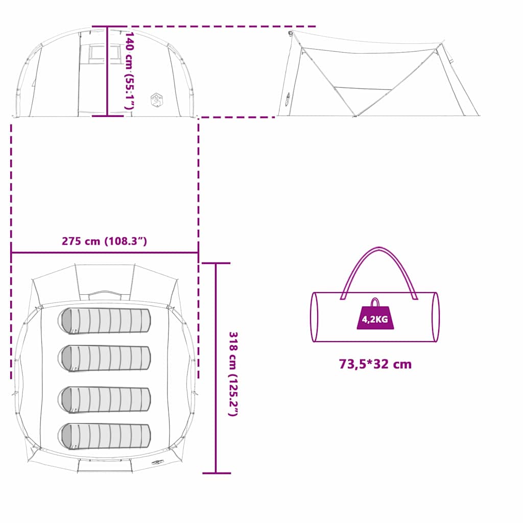 vidaXL Tunneltent met dak met opslag Groen en Wit 318 x 275 x 140 cm