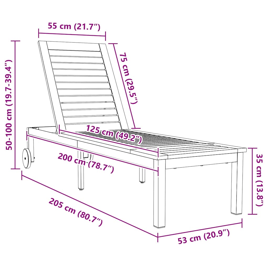 vidaXL Ligbed met Wielen 207 x 58 x 35 cm Van Massief Acaciahout & RVS
