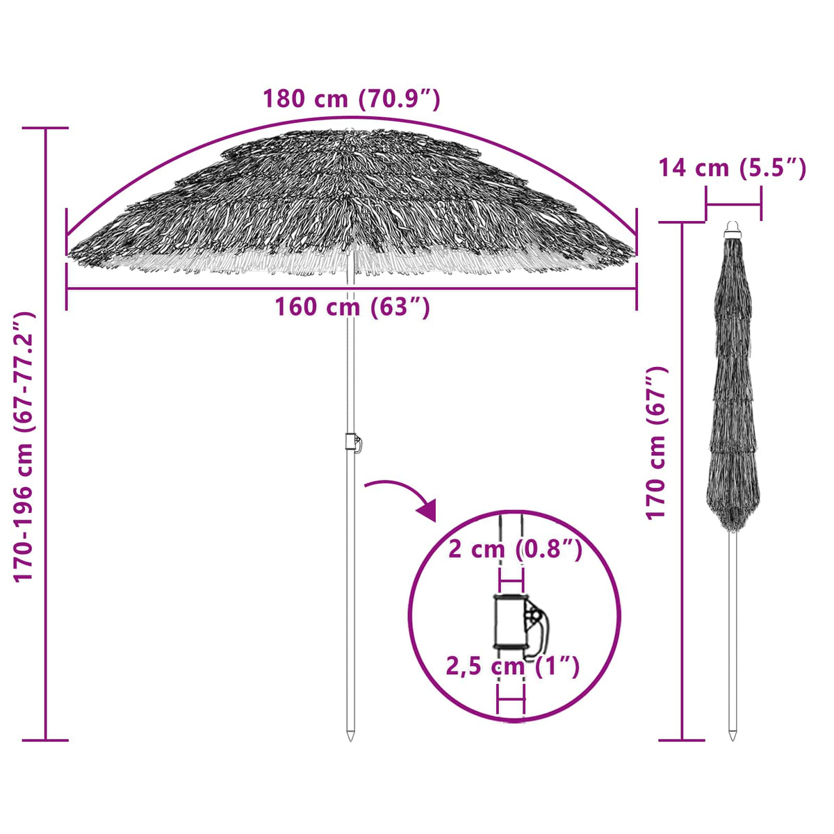 vidaXL Strandparasol Bruin Ø 160 x 196 cm Staal