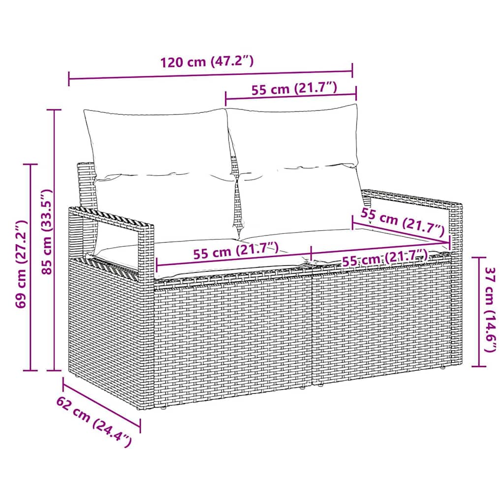 vidaXL Tuinbank met kussen 120 x 62 x 69 cm poly rattan