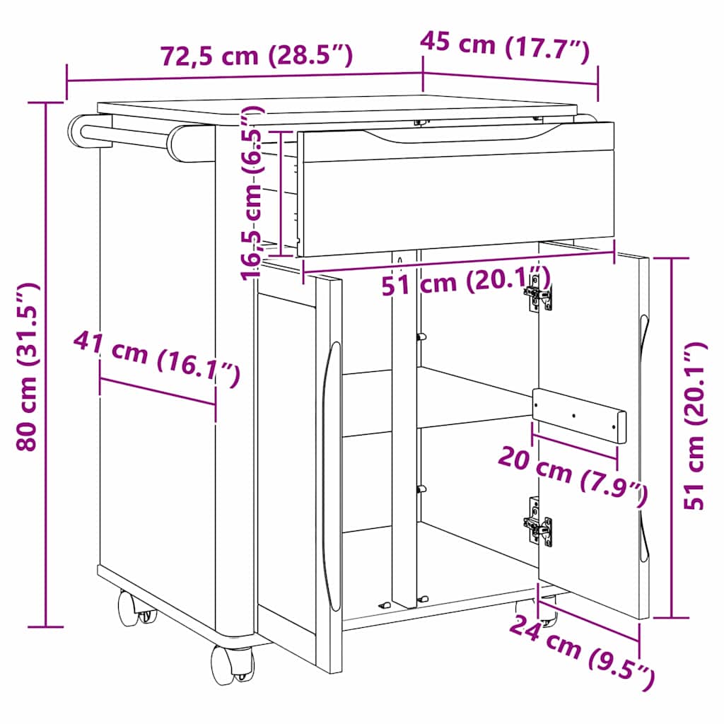 vidaXL Keuken Trolley Wasbruin 72,5 x 45 x 80 cm Massief Vurenhout