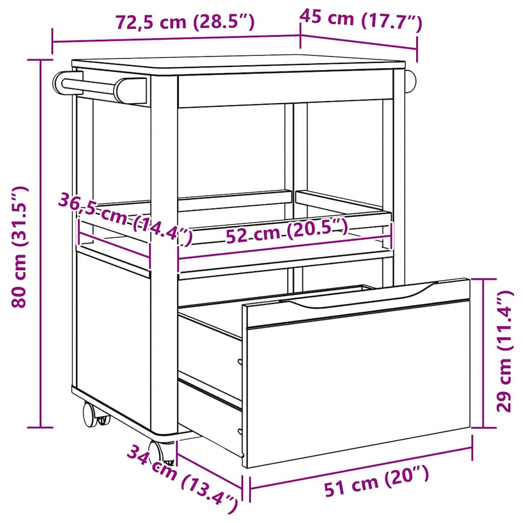 vidaXL Keuken Trolley FLORO Wasbruin 72,5 x 45 x 80 cm