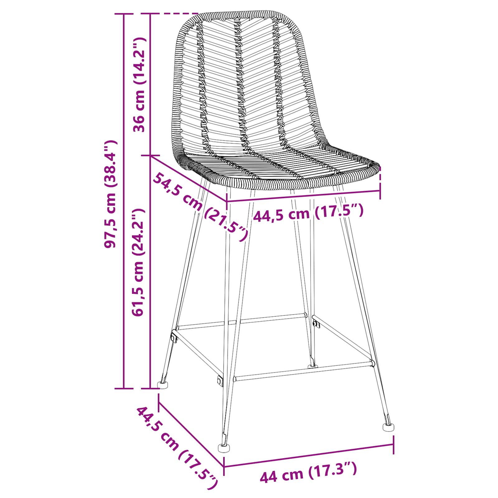 vidaXL Barkruk 2 pcs Naturel 44,5 x 54,5 x 97,5 cm Riet en IJzer